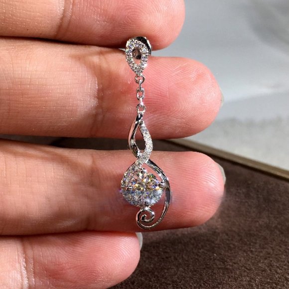 NEW Silver Round Diamond Drop Swirl Earrings - Picture 5 of 6